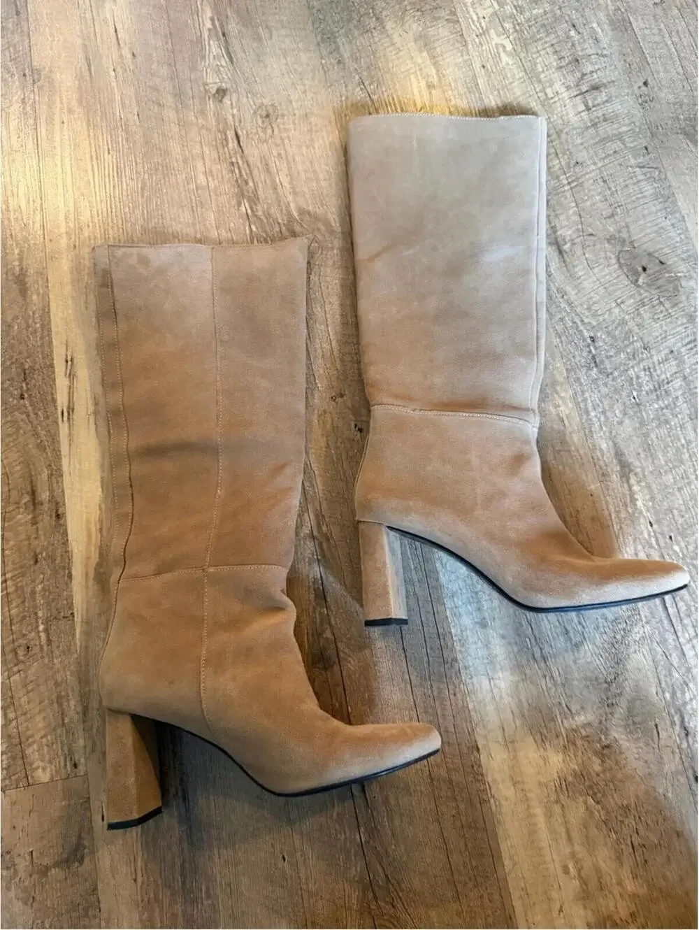 Zara Tan Suede Tall Block Heel Boots EU 39 US 8/8.5